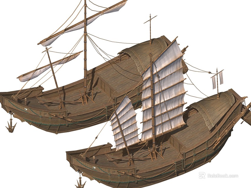 Two Traditional Wooden Boats With White Canvas Sails And Wooden Hulls 3d model 