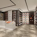 Luxury Retail Store Interior with Shelves Counter Marble Floor and Bright Lighting