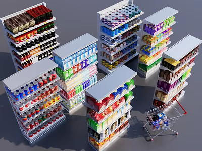 Organized Retail Display Shelves Stocked With Assorted Products And Shopping Cart In Store 3d model