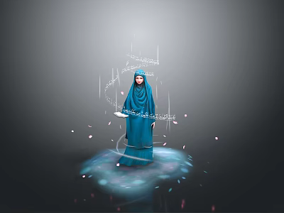 Spiritual Scene With Blue Hijab Woman Glowing Arabic Calligraphy And Floating Light Particles 3d model