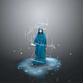 Spiritual Scene With Blue Hijab Woman Glowing Arabic Calligraphy And Floating Light Particles