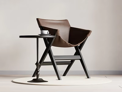 Modern Minimalist Accent Chair With Brown Leather Black Legs And Small Round Side Table 3d model