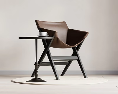 Modern Minimalist Accent Chair With Brown Leather Black Legs And Small Round Side Table 3d model