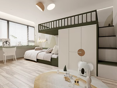 Modern Kids Room Interior With Bunk Bed Wardrobe Desk Wooden Floor And Decorative Toys 3d model