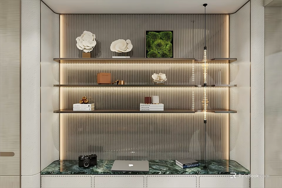 Elegant Decorative Ornament Combination On Shelves With Accent Lighting And Marble Countertop 3d model 