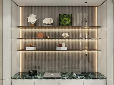 Elegant Decorative Ornament Combination On Shelves With Accent Lighting And Marble Countertop 3d model