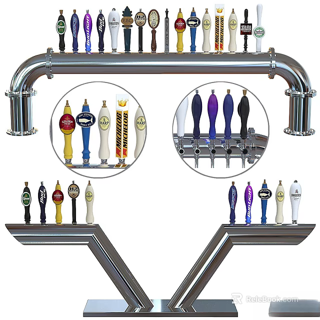 Commercial Beer Tap Equipment With Multiple Colored Faucets And Metal Pipe Frame 3d model 