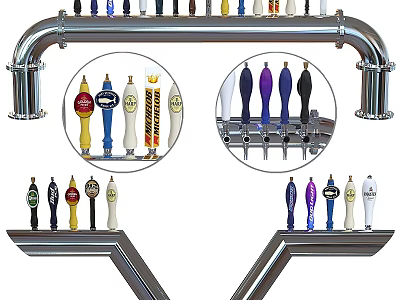 Commercial Beer Tap Equipment With Multiple Colored Faucets And Metal Pipe Frame 3d model