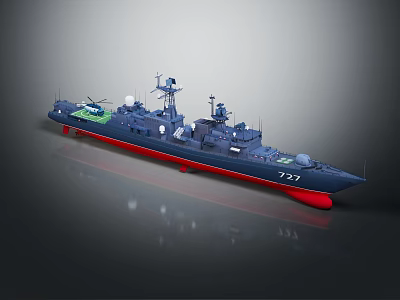 Dark Blue Warship Model With Red Bottom Number 737 Helicopter On Deck And Radar Antennas 3d model