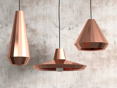 Three Copper Conical And Polygonal Pendant Lights Hanging On Textured Gray Wall 3d model