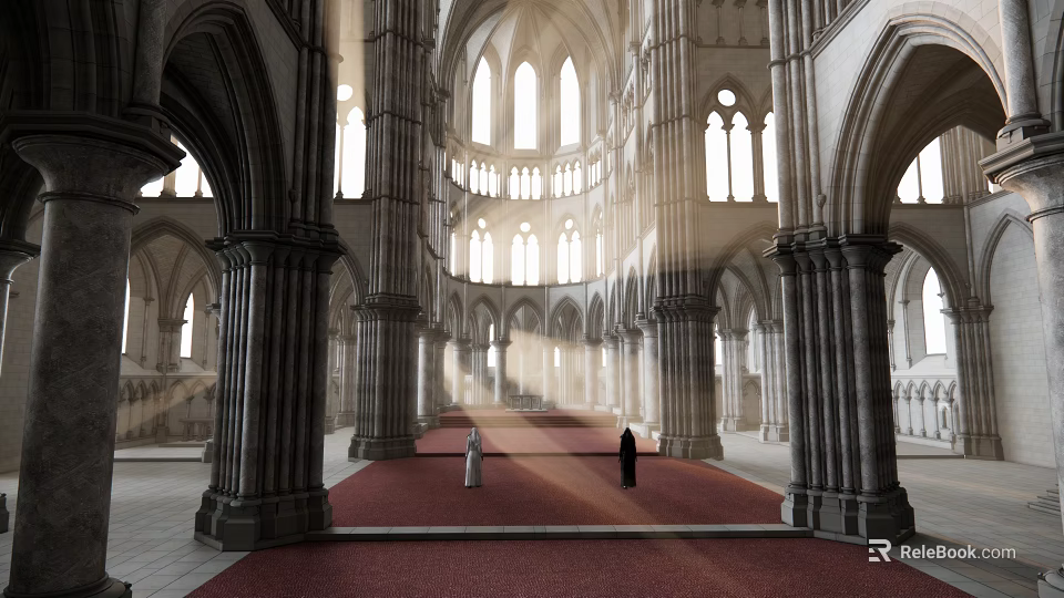 Religious Faith In Church Interior With Arched Ceilings Stone Columns Sunlight Red Carpet And Silhouettes 3d model 