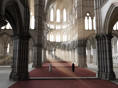 Religious Faith In Church Interior With Arched Ceilings Stone Columns Sunlight Red Carpet And Silhouettes 3d model