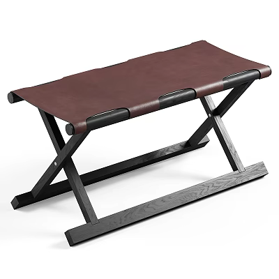 Modern Stool With Brown Leather Seat And Black Wooden Cross Leg Design 3d model