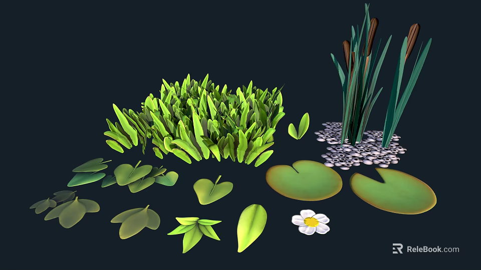 Fresh Green Grass Reeds Lily Pads And White Flower In Natural Setting 3d model 