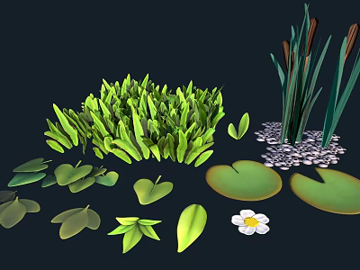 Fresh Green Grass Reeds Lily Pads And White Flower In Natural Setting 3d model