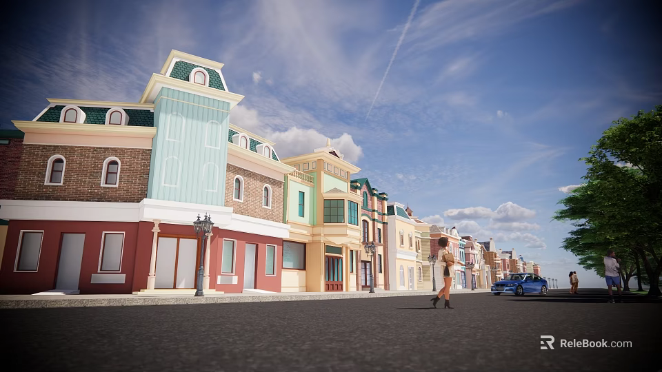 Vibrant Commercial Street With Colorful Buildings Street Lamp Woman Walking Blue Car And Blue Sky 3d model 