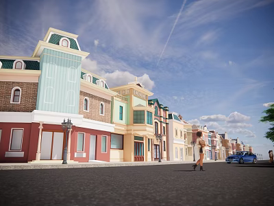 Vibrant Commercial Street With Colorful Buildings Street Lamp Woman Walking Blue Car And Blue Sky 3d model
