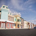 Vibrant Commercial Street With Colorful Buildings Street Lamp Woman Walking Blue Car And Blue Sky