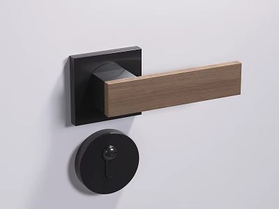 Modern Wooden Door Handle With Black Base And Round Keyhole Design 3d model