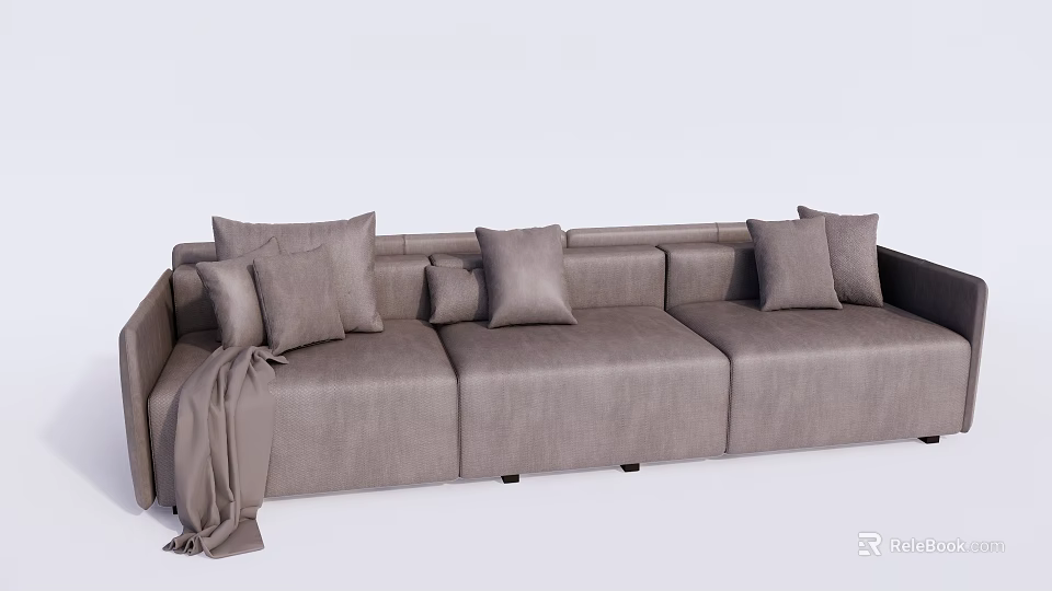Light Gray Three Seater Sofa With Soft Fabric Cushions And Throw Blanket 3d model