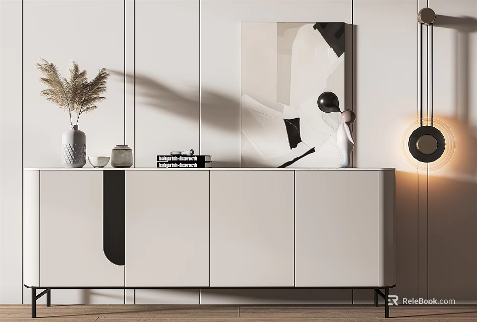Modern Entryway Console Cabinet Design With White Finish Decorative Vase Pampas Grass And Abstract Painting 3d model 