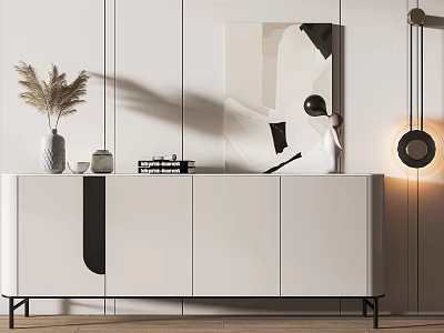 Modern Entryway Console Cabinet Design With White Finish Decorative Vase Pampas Grass And Abstract Painting 3d model