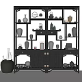 Traditional Chinese Wooden Display Cabinet With Carved Doors Multiple Shelves And Decorative Vases Tea Sets