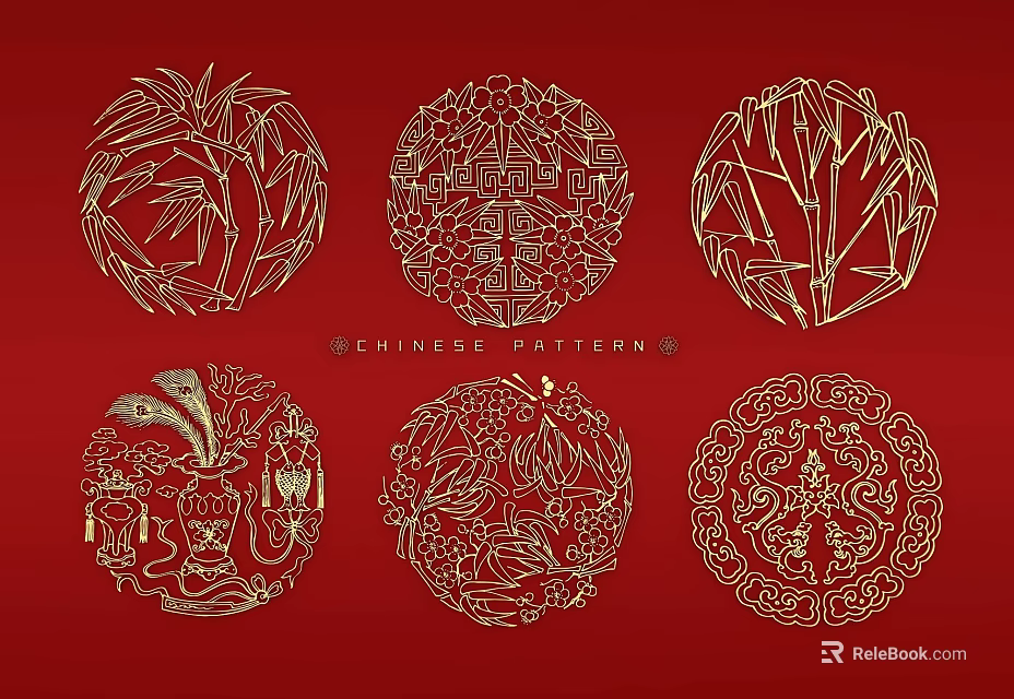 Chinese Traditional Circular Wall Decor With Golden Patterns On Red Background 3d model 