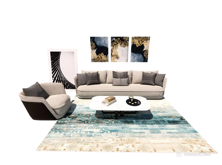 Modern Sofa and Coffee Table Set with Armchair Wall Art and Colorful Rug 3d model 