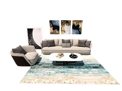 Modern Sofa and Coffee Table Set with Armchair Wall Art and Colorful Rug 3d model