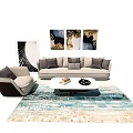 Modern Sofa and Coffee Table Set with Armchair Wall Art and Colorful Rug