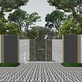 Modern Feature Wall Design With Metal Grilles Stone Panels And Green Trees