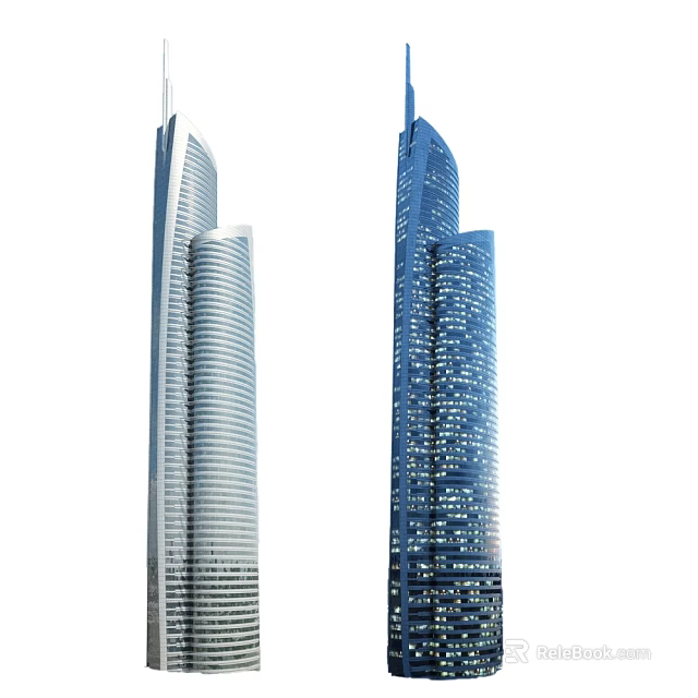 Modern Sleek Office Building Design With Twin Skyscrapers And Glass Facade Lighting 3d model 