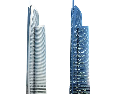 Modern Sleek Office Building Design With Twin Skyscrapers And Glass Facade Lighting 3d model