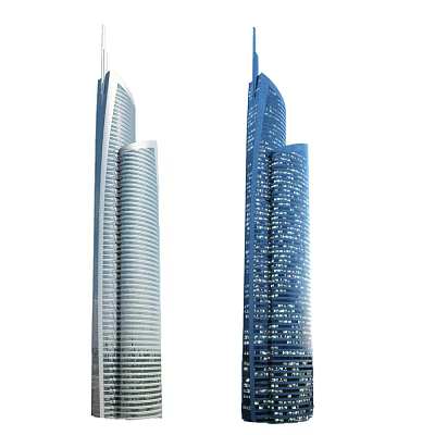 Modern Sleek Office Building Design With Twin Skyscrapers And Glass Facade Lighting 3d model