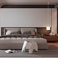 Modern Bedroom Interior With Large Bed Headboard White Accent Chair Glass Wardrobe And Area Rug