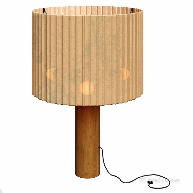 Pleated Fabric Shade Table Lamp with Solid Wooden Base and Warm Illumination 3d model