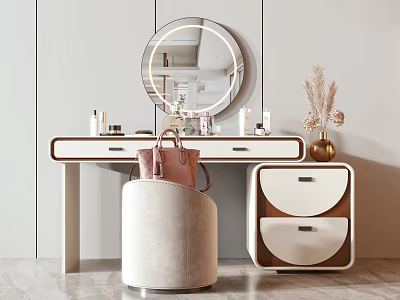 Modern Dressing Table With Round Mirror Stool Bag And Side Cabinet 3d model