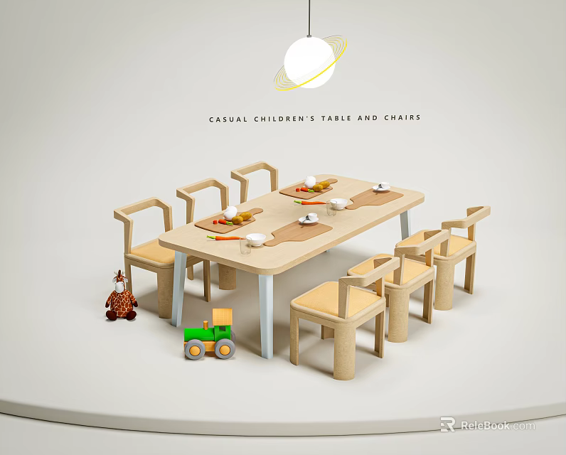 Casual Wooden Children Table And Chairs Set With Simple Design For Kids Room Interior 3d model 