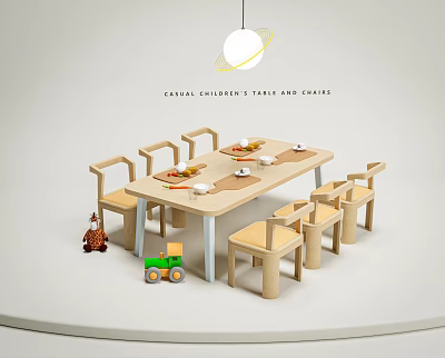 Casual Wooden Children Table And Chairs Set With Simple Design For Kids Room Interior 3d model