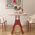 Dining Table Set With White Tabletop Red Legs Four Chairs Flower Bouquet And Floor Lamp