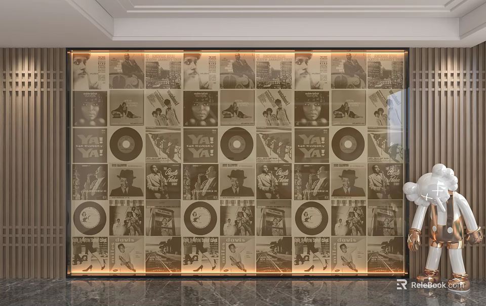 Vintage Themed Feature Wall with Vinyl Records Portrait Posters Glass Material and Lighting Design 3d model 