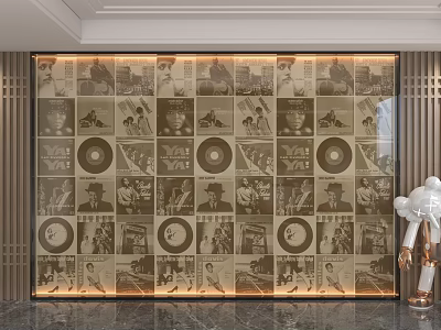 Vintage Themed Feature Wall with Vinyl Records Portrait Posters Glass Material and Lighting Design 3d model