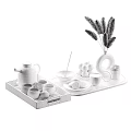 Elegant Tableware Set with Wooden Tray Glass Pitcher Lemon Slices White Cups Cookies Dried Grass