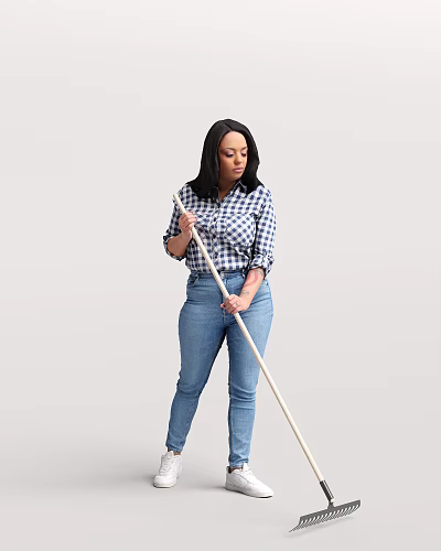 Woman in Blue and White Checkered Shirt and Blue Jeans Holding a Mop 3d model