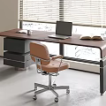 Modern Office Desk and Leather Chair With Wooden Top in Bright Room With Window Blinds