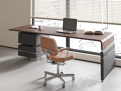 Modern Office Desk and Leather Chair With Wooden Top in Bright Room With Window Blinds 3d model