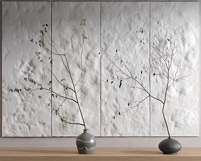 Modern Neutral Gray Vases with Thin Branches and Leaves on Wooden Tabletop Against Stone Wall 3d model