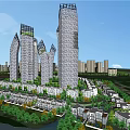Modern High Rise Office Buildings in Urban Planning With River And Greenery
