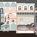 Playful Pink Kids Room Interior With Bunk Bed Desk And Arched Storage Design